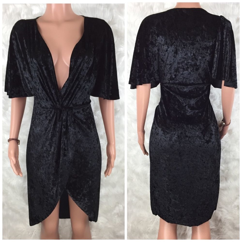 Roller Coaster | Black Velvet Faux Wrap Dress S
